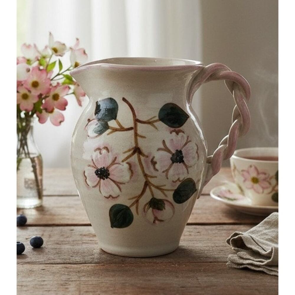 Nichols Pottery Seagrove NC Braided Handle Pink Floral Pitcher 6.5" USA